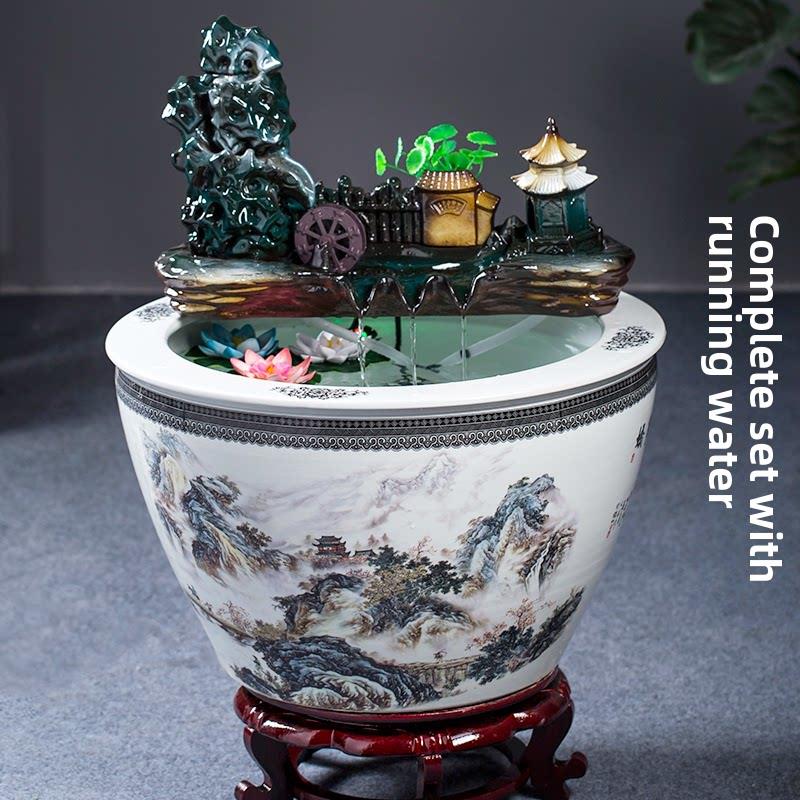 景德镇陶瓷鱼缸特大号过滤循环流水器养鱼客厅摆件喷泉荷花睡莲盆