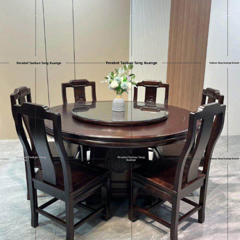 新中式黑檀木带转盘玻璃实木餐桌椅组合现代轻奢家用客厅吃饭圆桌