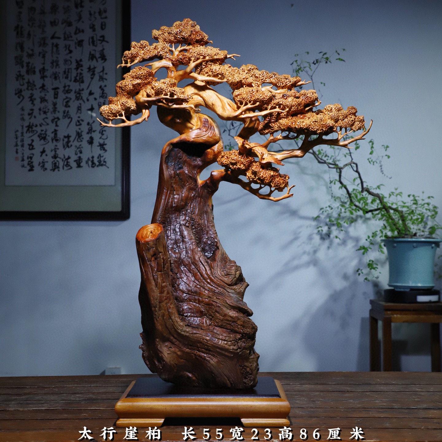 崖柏根雕木雕摆件迎客松花鸟山水实木天然随形客厅玄关办公室礼品
