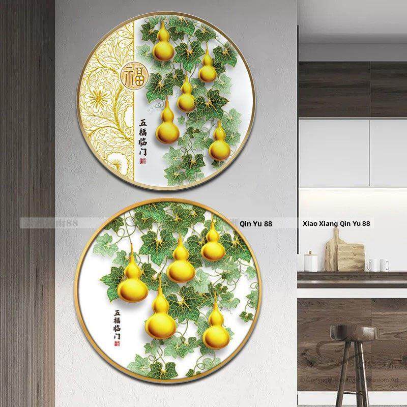 十字绣成品纯手工五福临门福禄葫芦新款客厅玄关圆形带框装裱出售,居家布艺,十字绣成品,淘宝优惠券,粉丝福利购,淘宝优惠卷