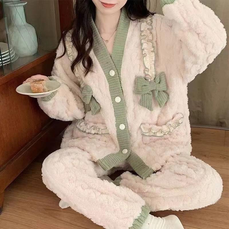 珊瑚绒睡衣女春秋冬季加厚保暖可爱法兰绒家居服公主风套装粉熊