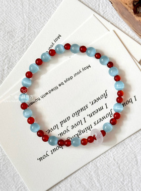 【蓝调时刻】原创设计手工串珠猫眼石红玛瑙手串小众女生手链饰品