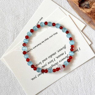 原创设计手工串珠猫眼石红玛瑙手串小众女生手链饰品 蓝调时刻