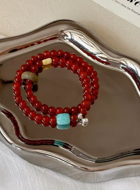 【牡丹亭】原创新中式红玛瑙红色手链s9256银铃铛蜜蜡串珠手串