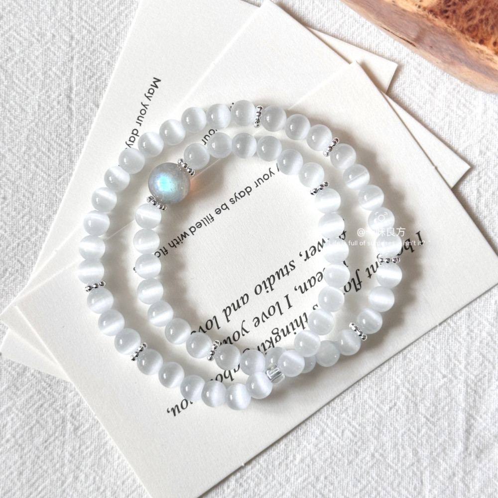 【白开水】时尚小众猫眼石白色小清新手串元原创设计女生气质手链