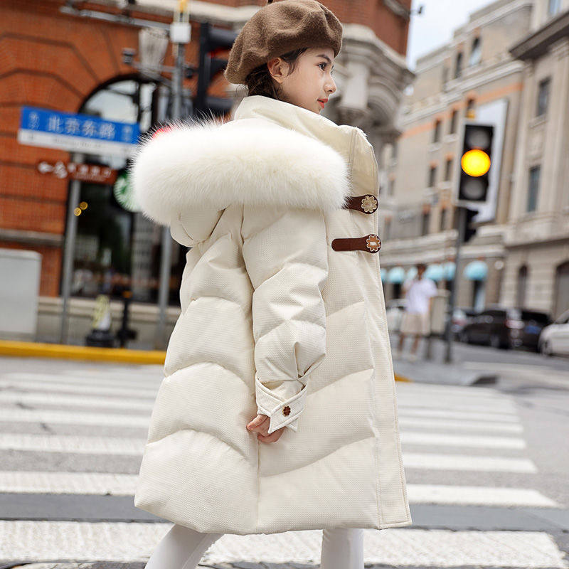 正品亲子女童过膝收腰羽绒服中长款2025新款洋气女孩时髦加厚外套