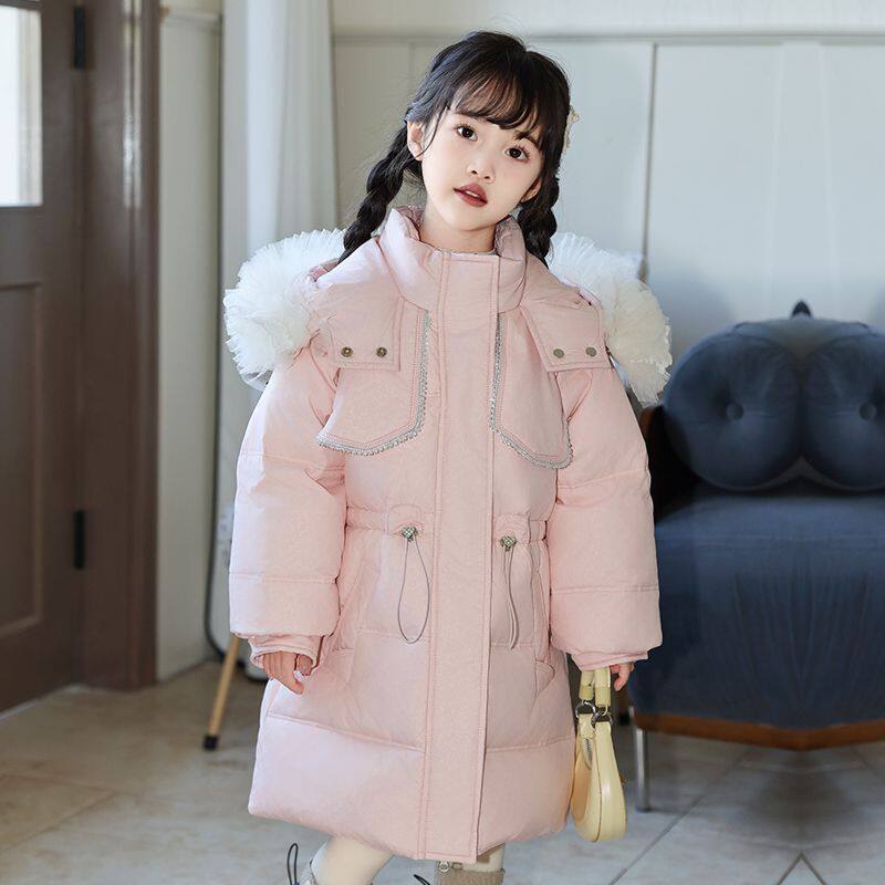 正品亲子女童蕾丝连帽羽绒服2025中长款撞色冬装女孩收腰加厚外套