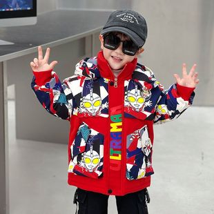 正品亲子男童奥特曼连帽羽绒棉服冬季2025新款男宝宝亲肤可爱外套