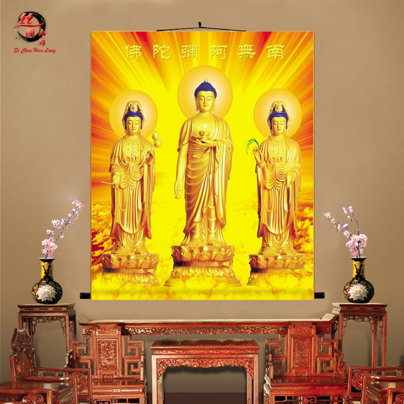 热销西方三圣画像挂画 阿弥陀佛接引图卷轴画 高清佛堂绢布佛像画