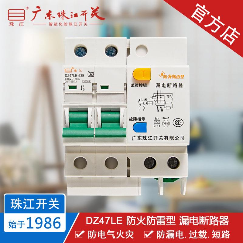珠江开关 DZ47LE 2P 32-63A 智能断路器 防火防雷型 漏电空气开关