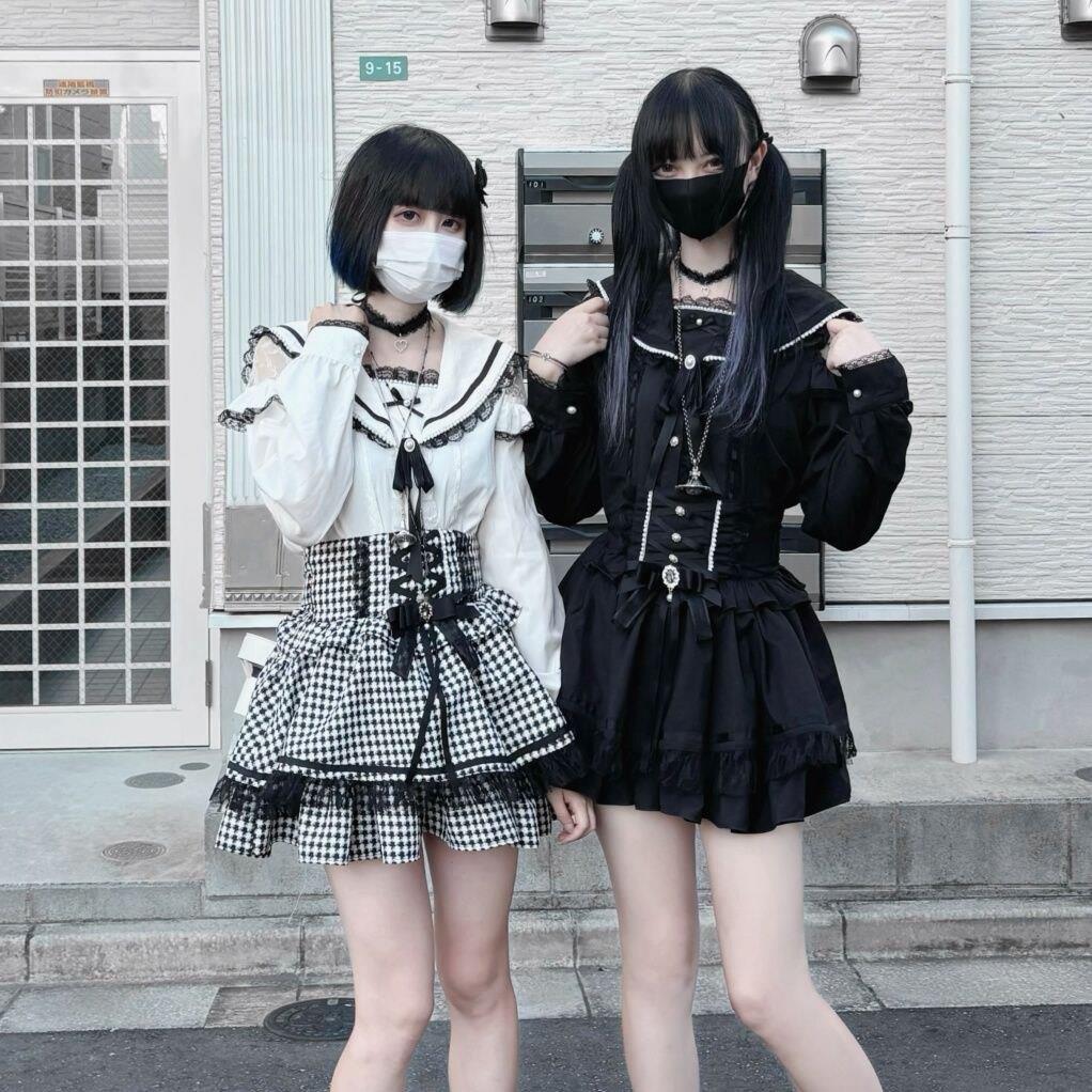 送项圈量产型黑白长袖水手领蝴蝶结蕾丝衬衫少女套装亚文化