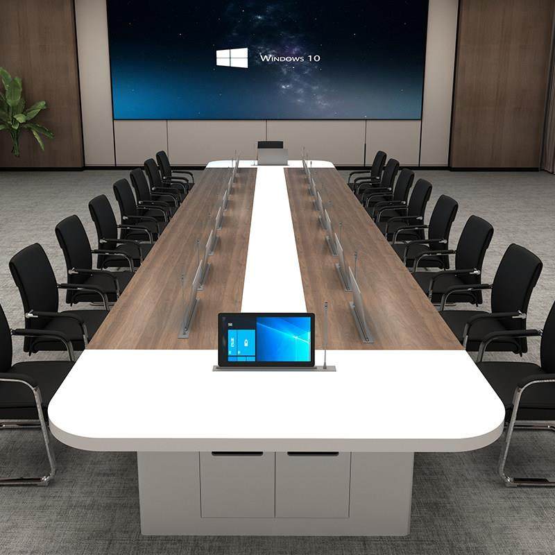 无纸化烤漆会议桌带升降屏会议系统大型智能中控实木科技感办公桌
