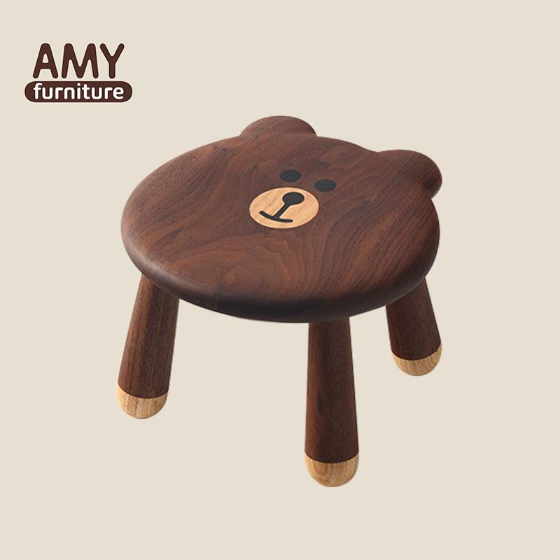 AMY榏镁黑胡桃实木凳矮凳儿童凳卡通凳子小熊板凳换鞋凳小板凳