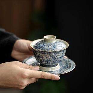泡茶碗老陶泥功夫敬茶碗茶杯碗 复古青花三才盖碗家用陶瓷防烫中式