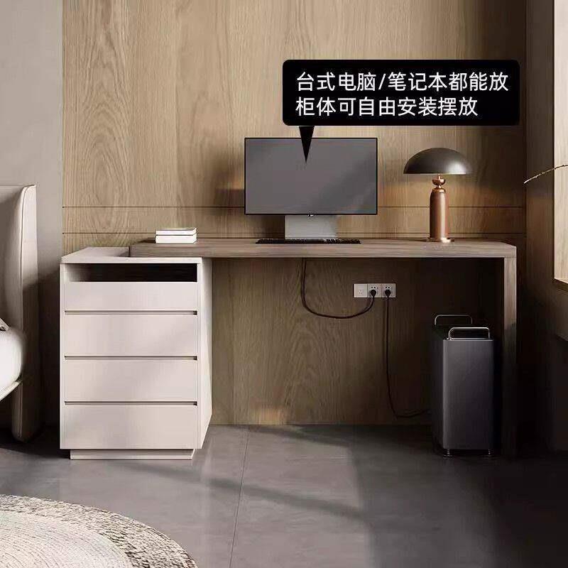 意式极简书桌床头柜化妆台一体家用实木可伸缩岩板学习卧室电脑桌