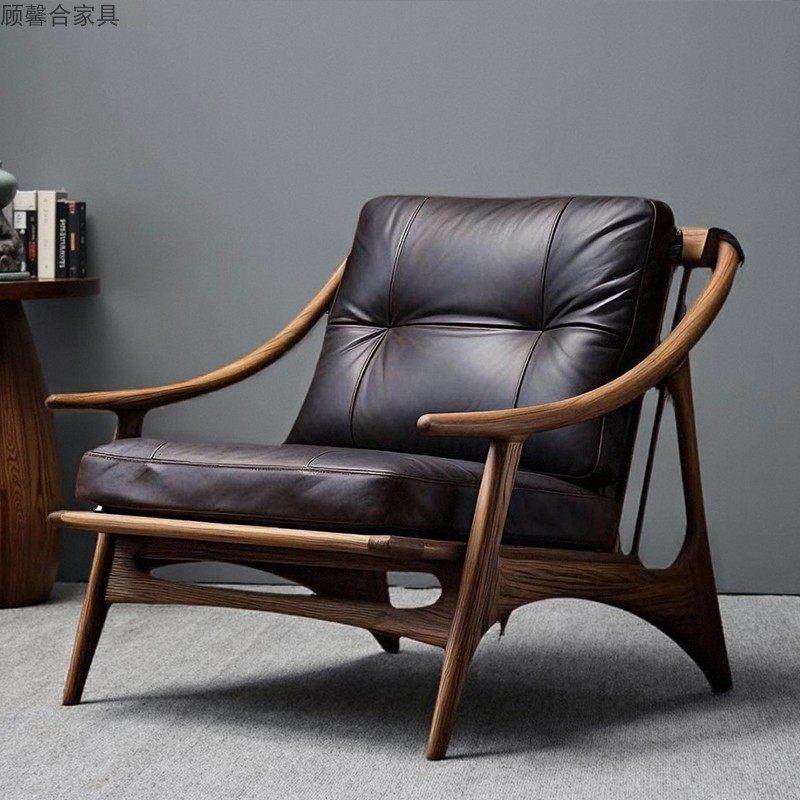 北美黑胡桃木真皮实木单人休闲沙发椅意式轻奢高级感小型懒人沙发,住宅家具,沙发椅,淘宝优惠券,粉丝福利购,淘宝优惠卷