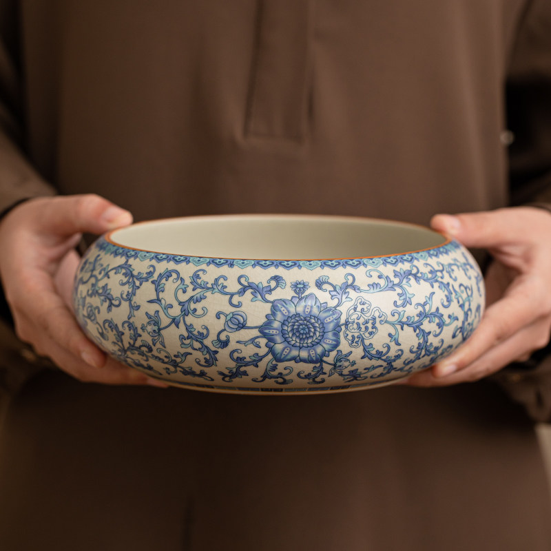 青花汝窑大号茶洗家用茶缸水盂茶渣缸水洗茶道零配建水茶具茶海