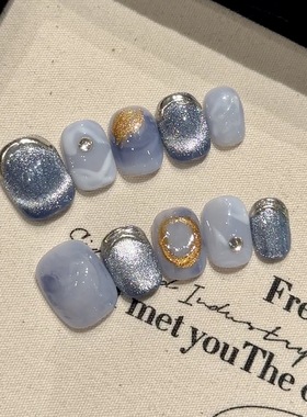 mmuse家-手工美甲日式高级蓝色宝石晕染显白短款光疗甲短款猫眼