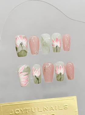 mmuse家-纯手工穿戴甲新中式美甲国风手绘荷花成品甲片可拆卸