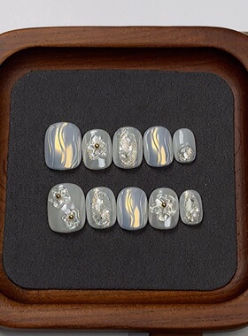 mmuse家-纯手工穿戴甲轻奢仙女款手捏花朵手绘花瓣短方圆美甲