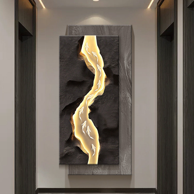 现代简约玄关装饰画立体感九鱼图带灯壁画水培绿植砂岩画走廊挂画