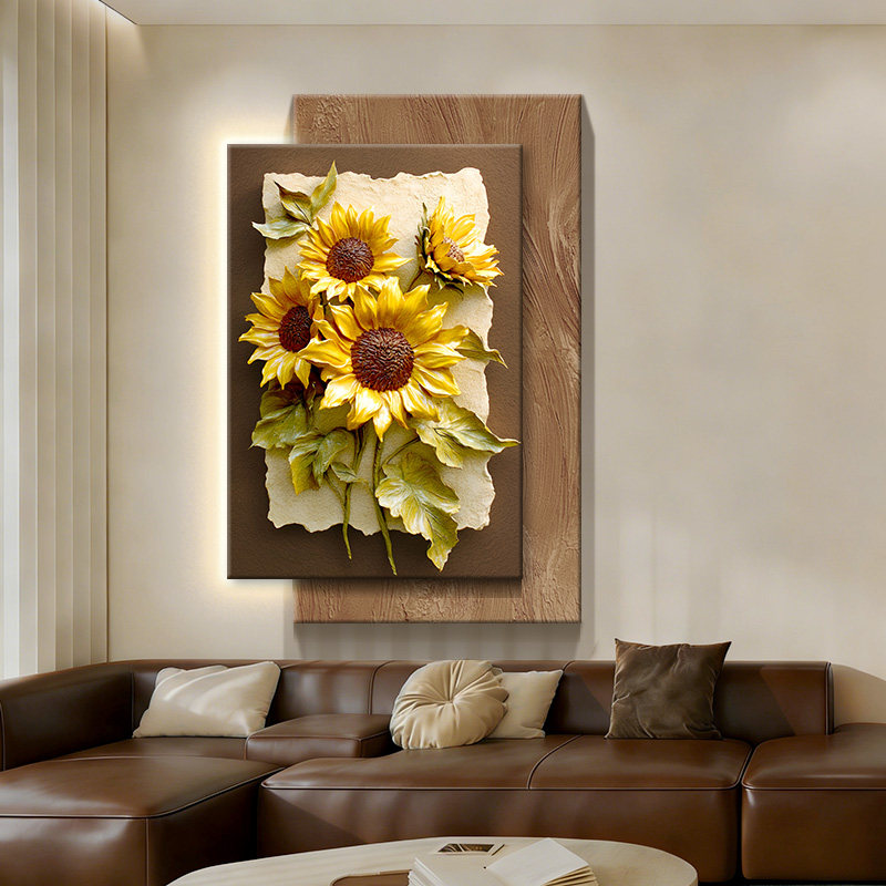 现代简约向日葵装饰画客厅玄关挂画立体感砂岩画水培绿植花卉灯画