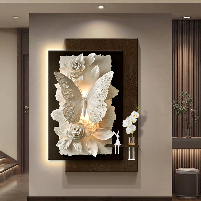 现代简约蝴蝶花卉装饰画客厅带灯立体砂岩画水培绿植玄关走廊挂画