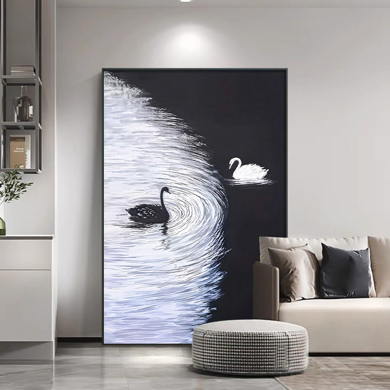 黑白天鹅客厅装饰画简约现代大气砂岩画沙发背景墙壁画高级感挂画
