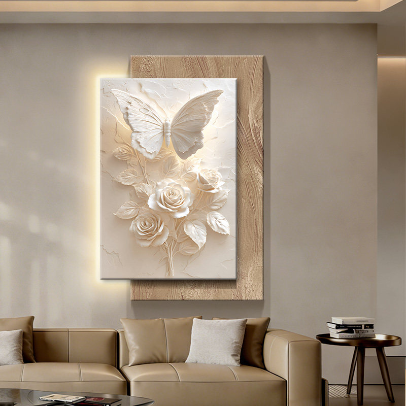 现代简约蝴蝶花卉客厅装饰画高级感水培绿植灯画入户玄关走廊挂画