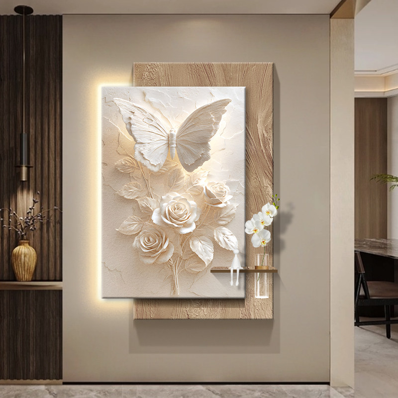 现代简约蝴蝶花卉客厅装饰画高级感水培绿植灯画入户玄关走廊挂画