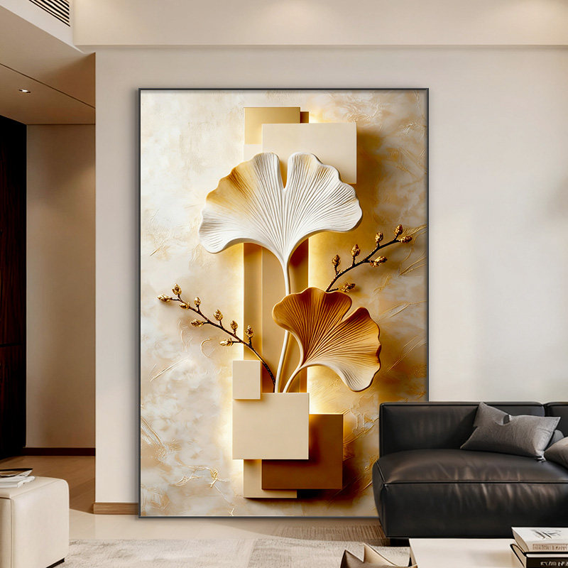 现代轻奢砂岩客厅装饰画沙发背景墙挂画银杏叶高级感走廊玄关壁画