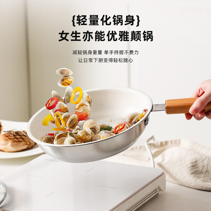 网红麦饭石加厚煎锅家用厨房炒锅木柄平底炒菜锅带盖不粘煎锅
