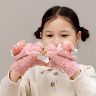 女童半指翻盖手套冬季加绒毛绒亲肤防寒保暖小学生上学上课写字