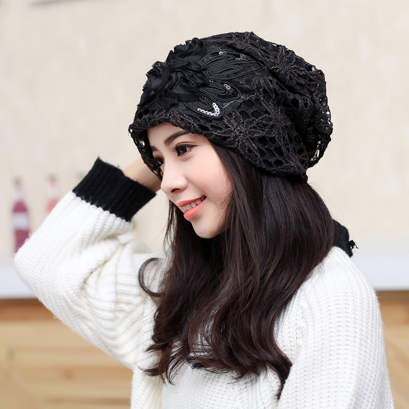 韩版春夏女士薄款套头蕾丝堆堆化疗帽包头帽月子套头帽缕空花朵