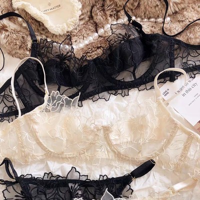 法式纯欲内衣女性感薄款有钢圈大胸显小蕾丝红色本命年文胸罩套装