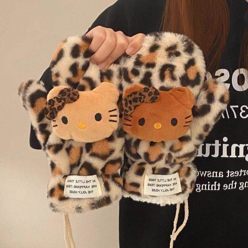 热销可爱豹纹k猫咪毛绒挂脖连指手套女冬季保暖加绒加厚骑车防寒