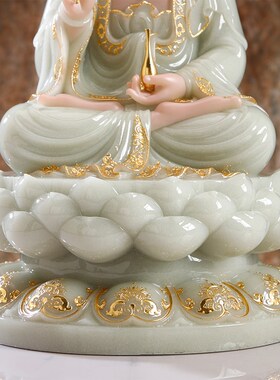热销汉白玉镶金观音菩萨佛像家用坐莲观音佛像供奉观世音菩萨寺庙