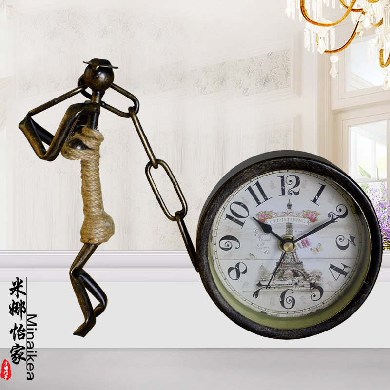 热销欧式仿古静音铁艺座钟客厅创意时尚个性时钟文艺复古装饰石英