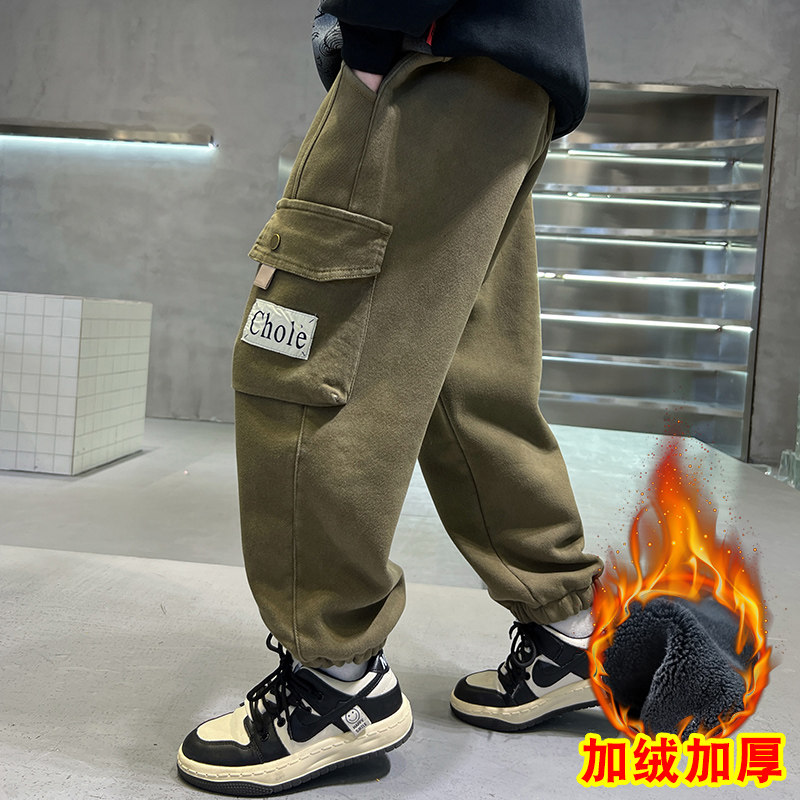 男童加绒裤子2023新款秋冬装中大童儿童一体绒工装裤男孩冬款长裤