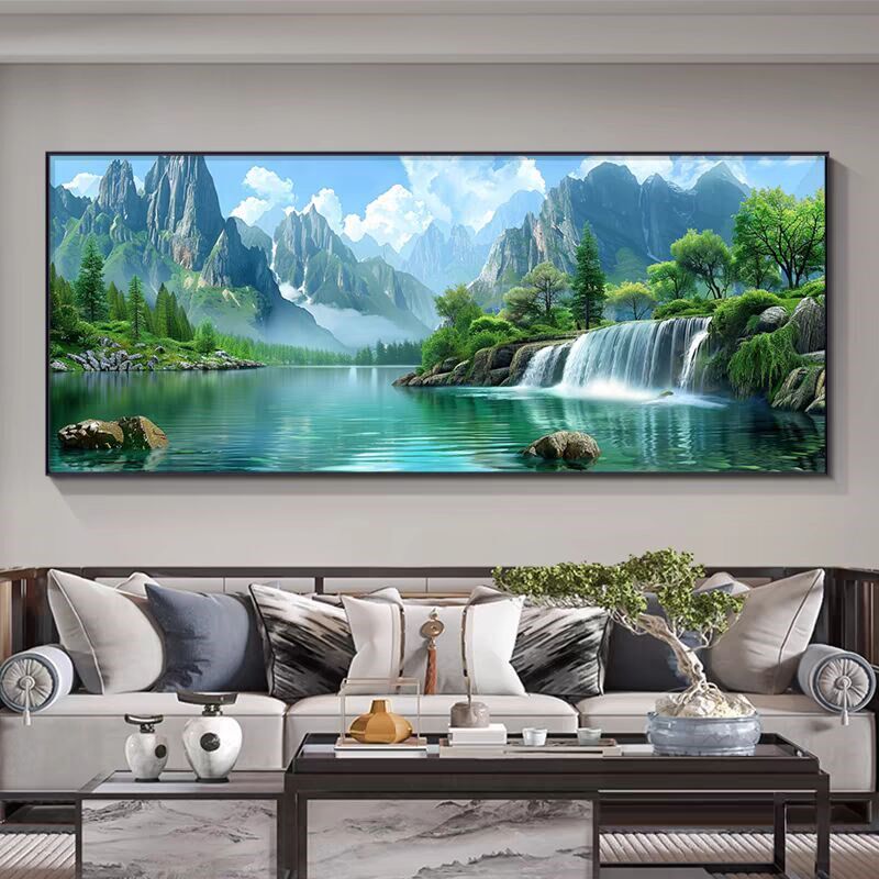 青山图客厅沙发背景墙壁画靠山图装饰画风景挂画l流水生财山水画