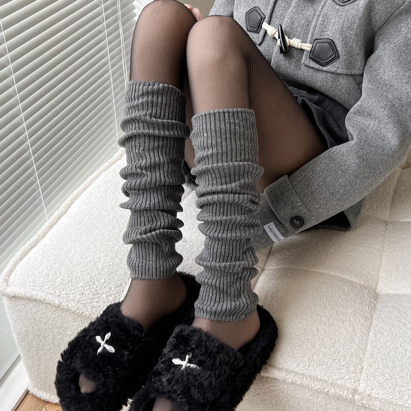 灰色袜套女秋冬加厚保暖针织腿套黑色羊毛中筒堆堆袜JK白色小腿袜