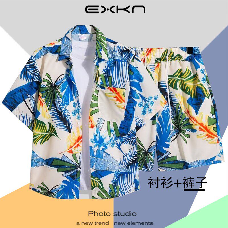港风复古夏威夷满印短袖vintage花衬衫男女情侣短裤套装沙滩衬衣