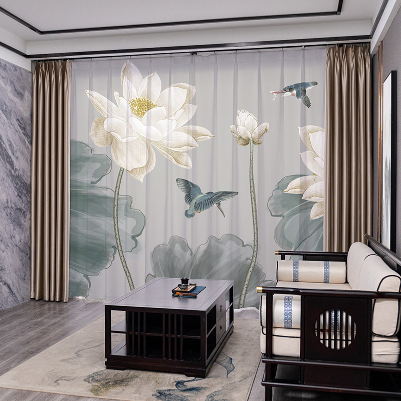 中国风纱帘2021年新款窗纱客厅古风禅意荷花窗帘透光不透人新中式