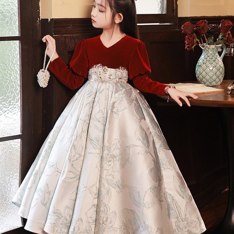 女大童大码礼服高端红色公主裙婚纱裙蓬蓬纱生日主持人钢琴演出服