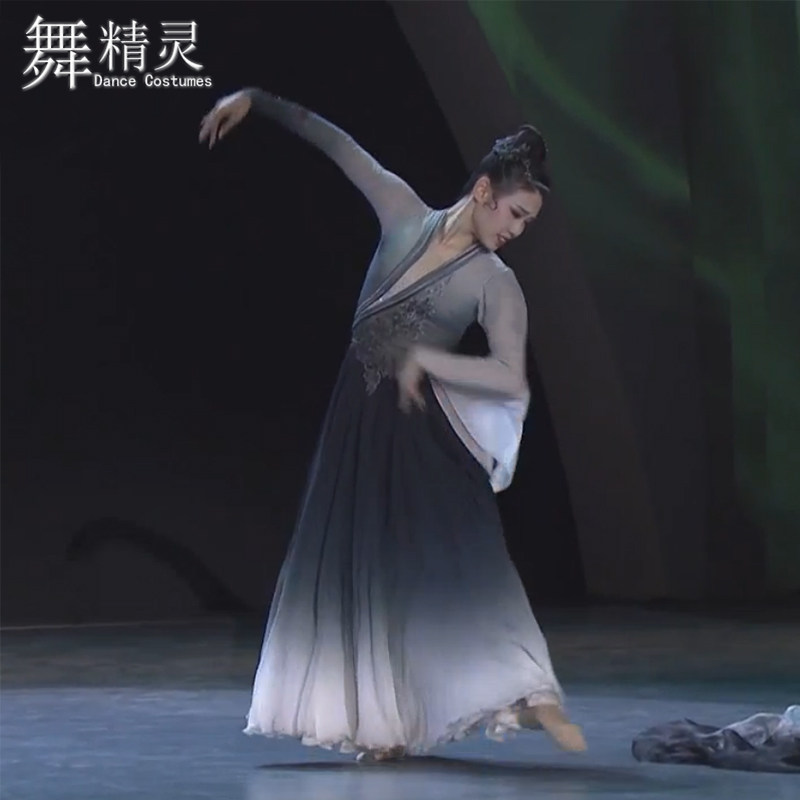 古典舞演出服水墨语舞蹈服飘逸大裙摆雪纺长裙中国风扇子舞表演服
