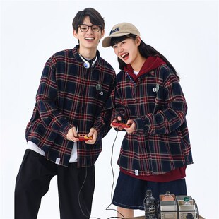 KXLFCHN空穴来风 酒红色格子衬衫男女宽松长袖复古衬衣外套春秋季