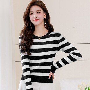 黑白条纹针织衫女长袖春季2024新款小个子上衣短款毛衣内搭打底衫