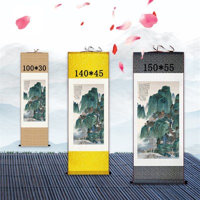 褚立民洞天高逸图 青绿山水丝绸画 客厅办公挂画工笔水墨卷轴国画