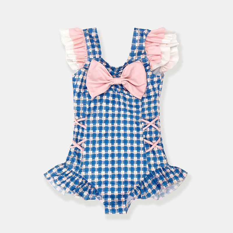 女童连体游泳衣2024新款夏季海边度假女孩沙滩泳装甜美格子游泳衣