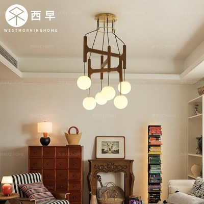 法式复古中古loft复式客厅吊灯侘寂风餐厅魔豆实木分子灯楼梯灯